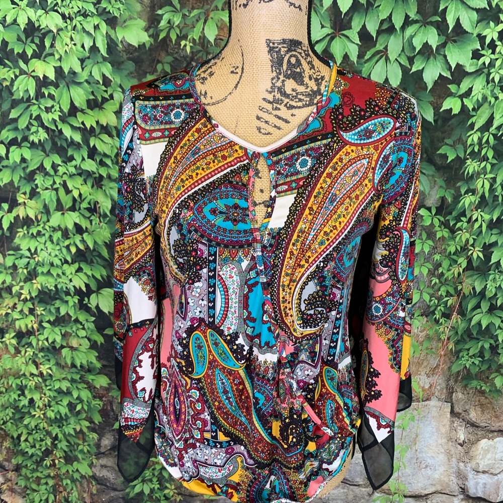 JENNIE & MARLIS Multicolored Stevie Nicks Style Print Butterfly Sleeve Blouse, S - Picture 5 of 10